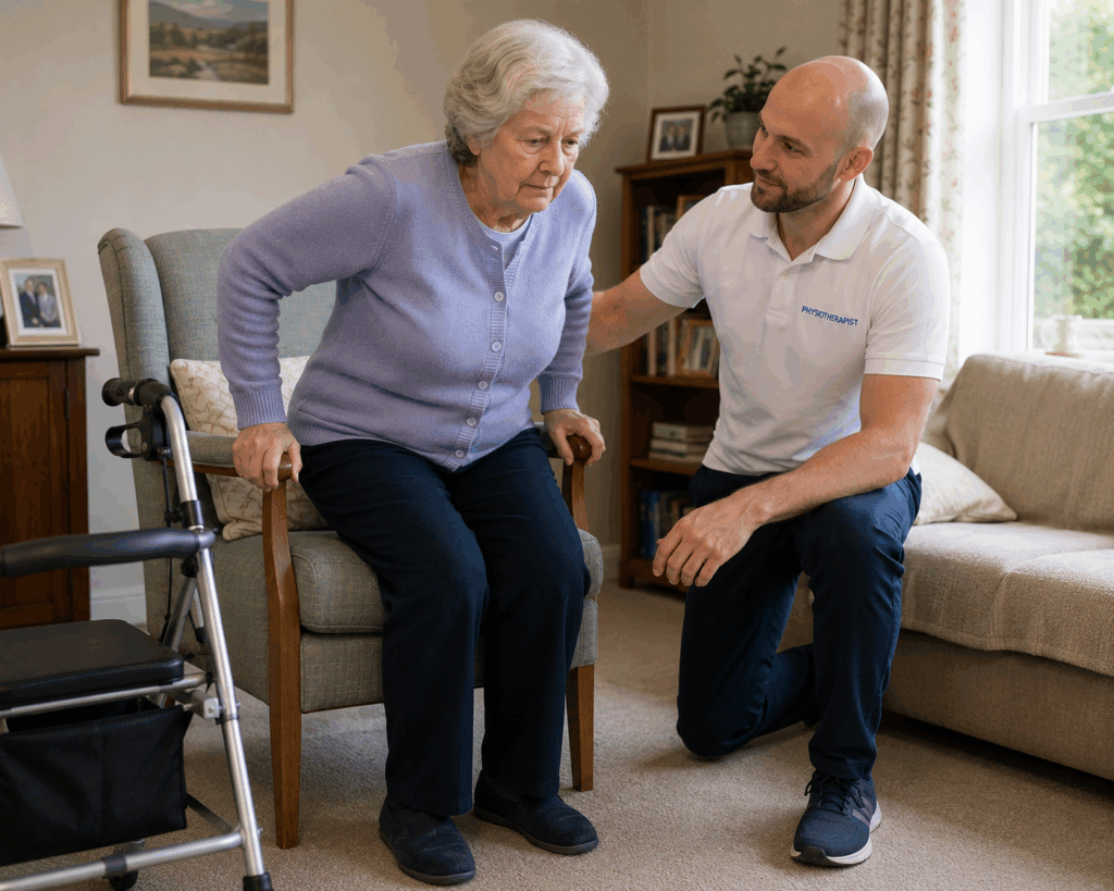 Physiotherapist kneels alongside a patients chair assisting her to stand practicing mobility at home in Brighton