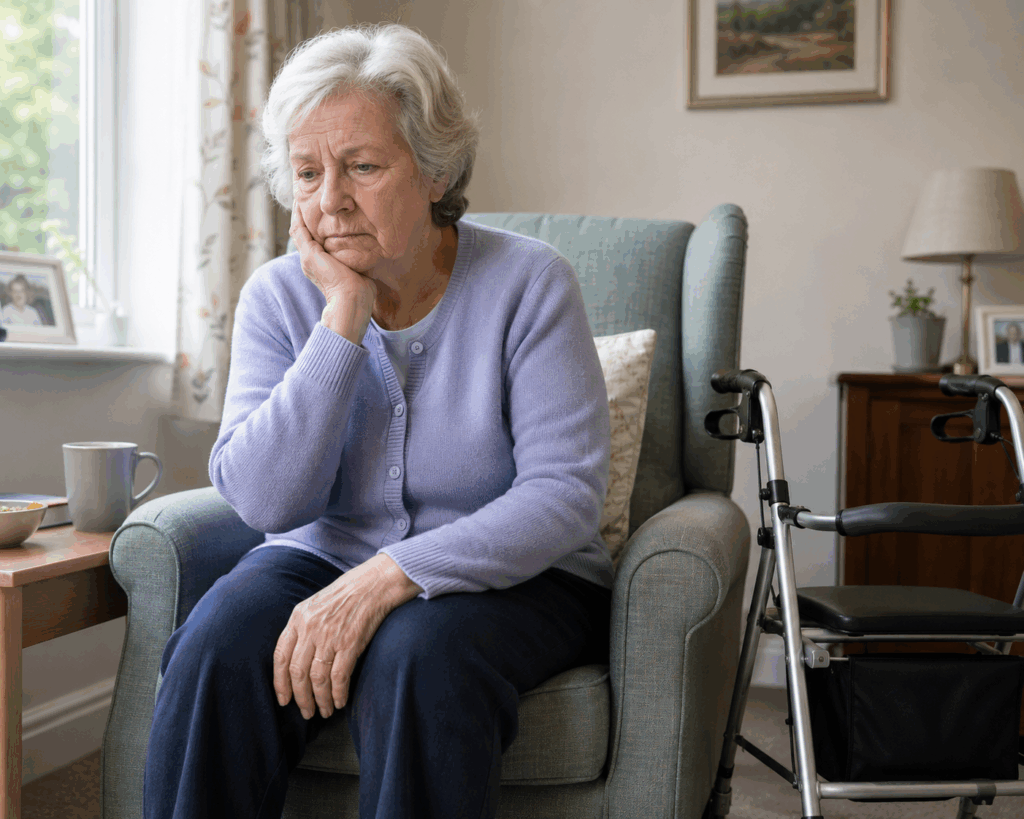 Older lady sits in a chair fearful of walking after a recent fall. In an article about home physiotherapy in Brighton and Hove