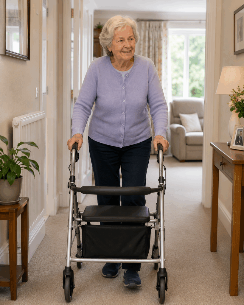 Older lady walking with a four wheeled walker smiling at home having rebuilt her confidence with physiotherapy