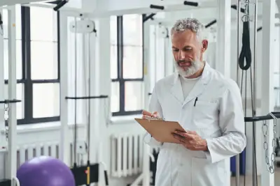 Physiotherapist takes notes in a gym on a clipboard, he is wearing a white tunic. in an article about evidence based practice in physiotherapy