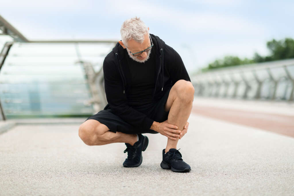 Senior man wearing black sportswear jogging outdoor by bridge, squating and touching his leg, appears to be suffering from shin splints. Image is in a blog about online physiotherapy treatment and shin splints.