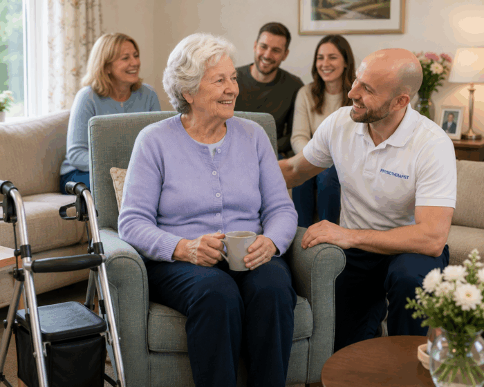 Family look on as a physio speaks with a smiling older patient in her own home in Brighton