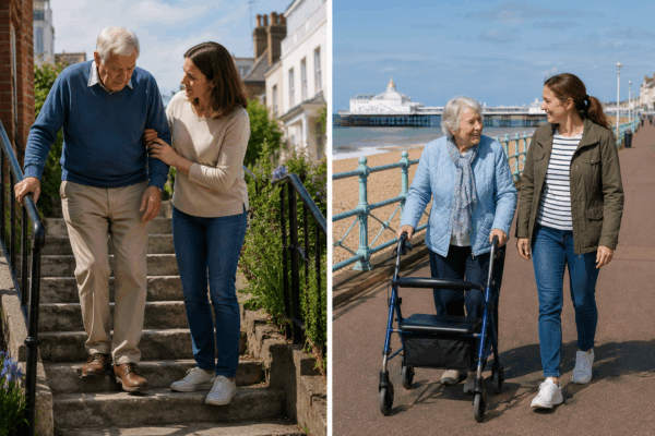 picture showing older people with support from family members in an article about Brighton physiotherapy rehabilitation for home visits.