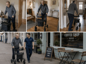 Older gentleman walking with the support of a physiotherapist and a walking aid in Hove.