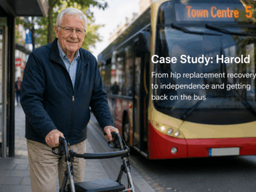 older gentleman standing by the bus stop in central brighton, smiling after receiving home physiotherapy for a hip replacement
