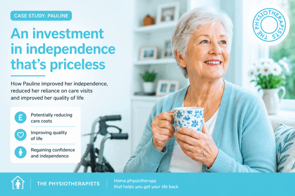 Pauline looks happy with a cup of tea after reducing her care bills and improving her independence through home based physiotherapy rehabilitation in Brighton and Hove
