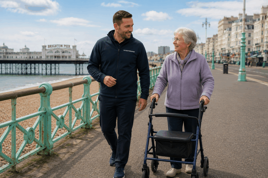 Physiotherapist walking with an older person on the seafront rehabilitating exercises