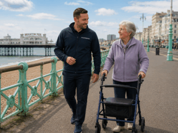 Physiotherapist walking with an older person on the seafront rehabilitating exercises