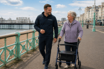 Physiotherapist walking with an older person on the seafront rehabilitating exercises